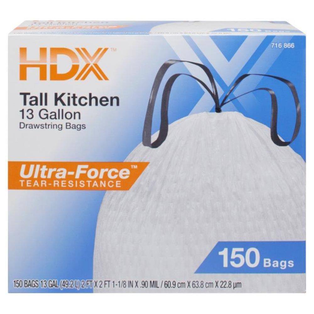 HDX 13 Gal. FLEX White Drawstring Kitchen Trash Bags (150 Count)