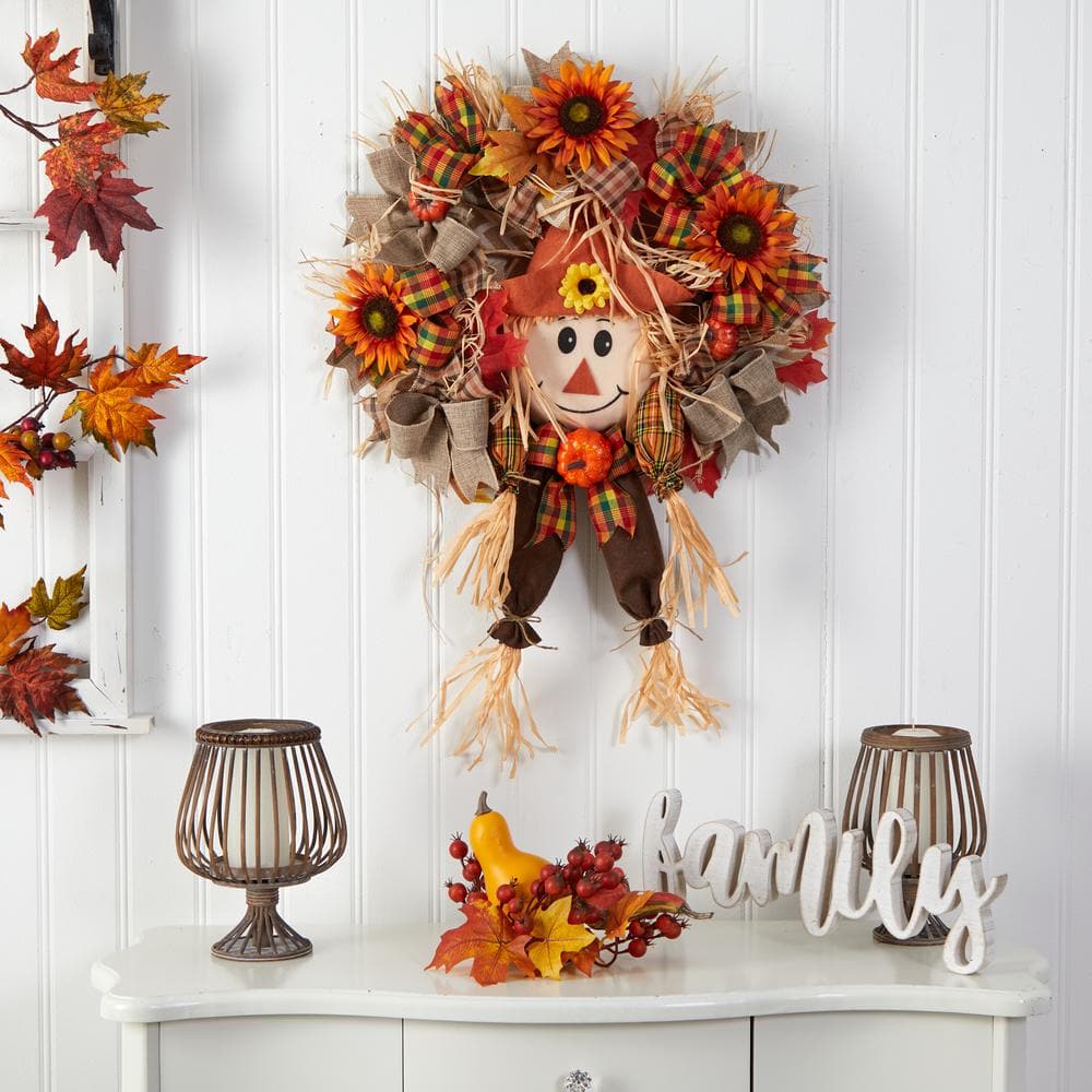 Nearly Natural 30 in. Orange Scarecrow Fall Artificial Autumn Wreath with Sunflower, Pumpkin and Decorative Bows