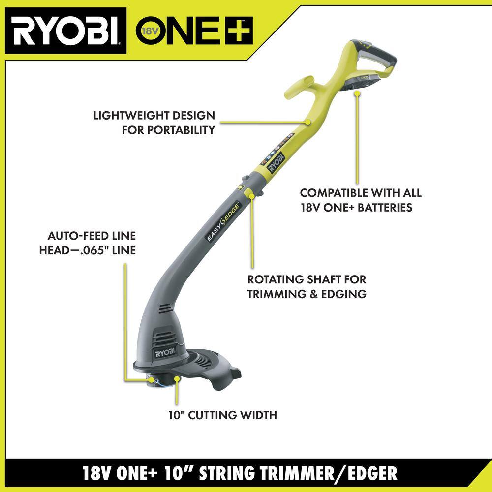 RYOBI ONE+ 18V 10 in. Cordless Battery String Trimmer and Edger with 1.5 Ah Battery and Charger