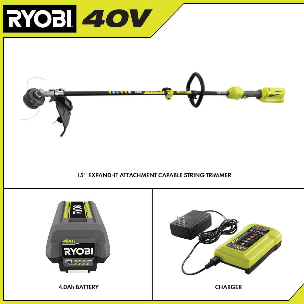 RYOBI 40V Expand-It Cordless Battery Attachment Capable String Trimmer with 4.0 Ah Battery and Charger