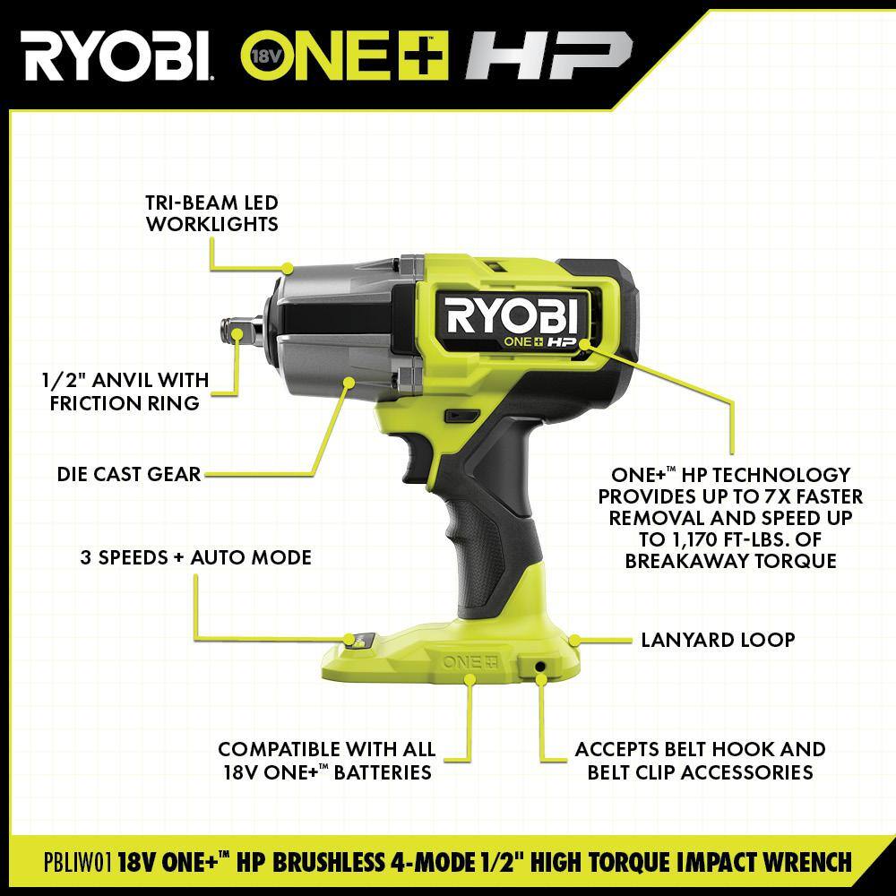 RYOBI ONE+ 18V Brushless Cordless 4-Mode 1/2 in. High Torque Impact Wrench Kit with 4.0 Battery and Charger