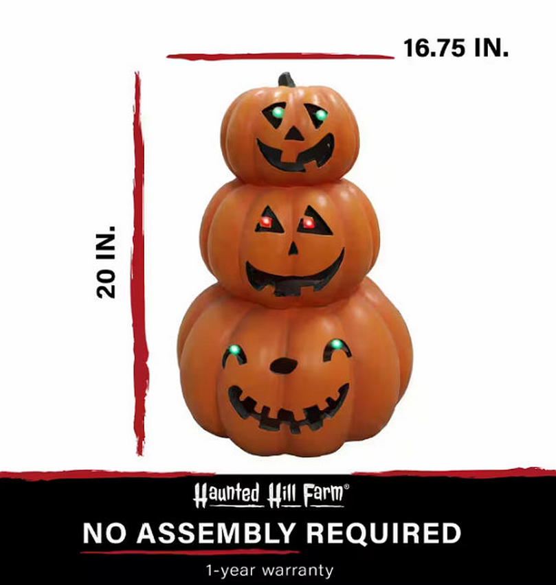 Haunted Hill Farm 20 in. 3-Stack Jack-O-Lantern Resin with LED Lights, Indoor or Covered Outdoor Halloween Decoration, Battery-Operated