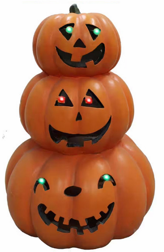 Haunted Hill Farm 20 in. 3-Stack Jack-O-Lantern Resin with LED Lights, Indoor or Covered Outdoor Halloween Decoration, Battery-Operated