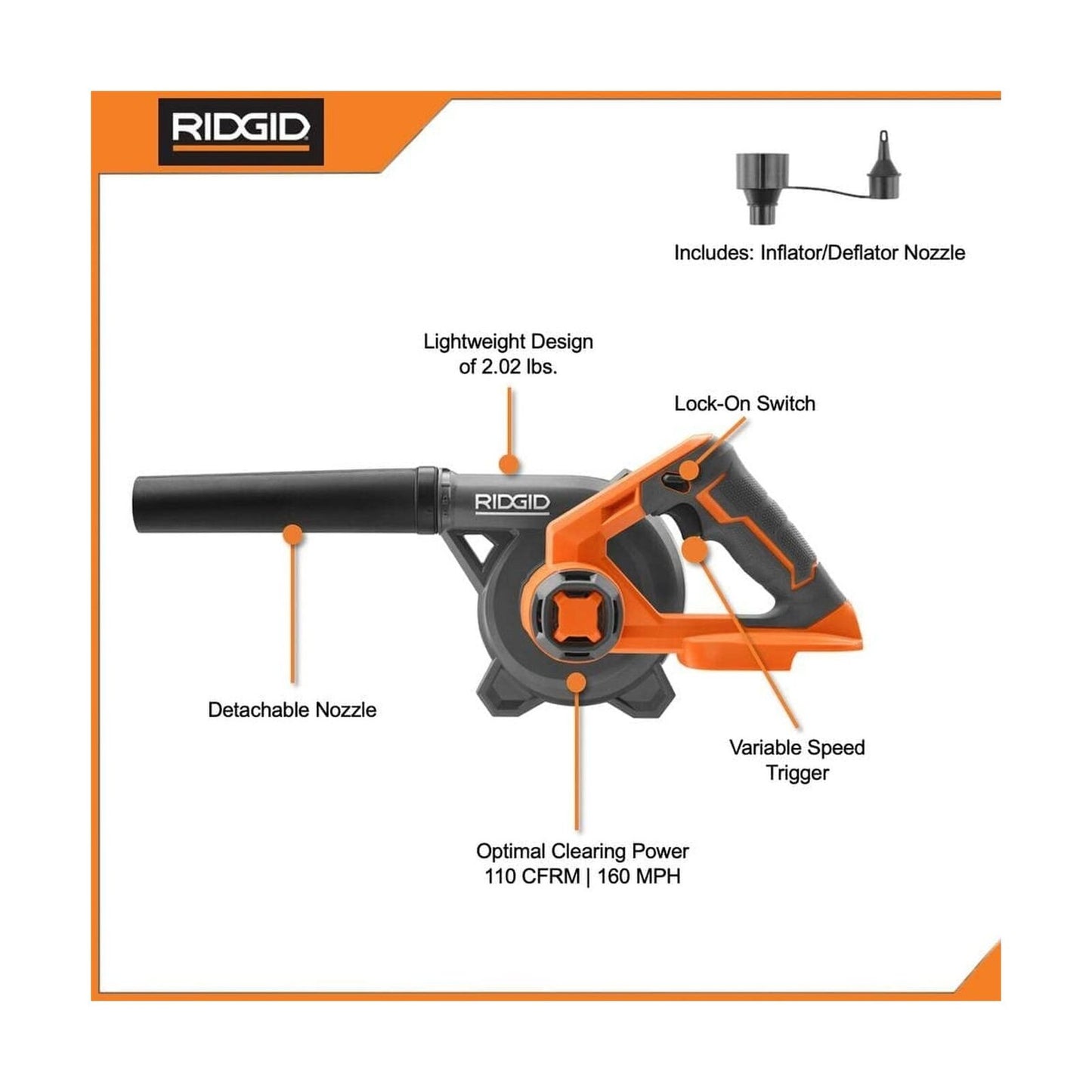 RIDGID 18V Lithium-Ion Cordless Compact Jobsite Blower with Inflator/Deflator Nozzle