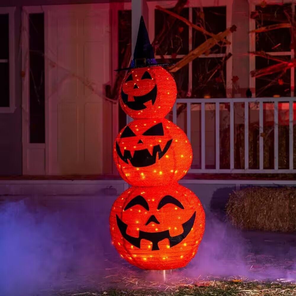 5 ft. Light Up LED Pumpkin Decoration Halloween Collapsible Tinsel Stacked 3-Head Warm Yard Lights for Pumpkin