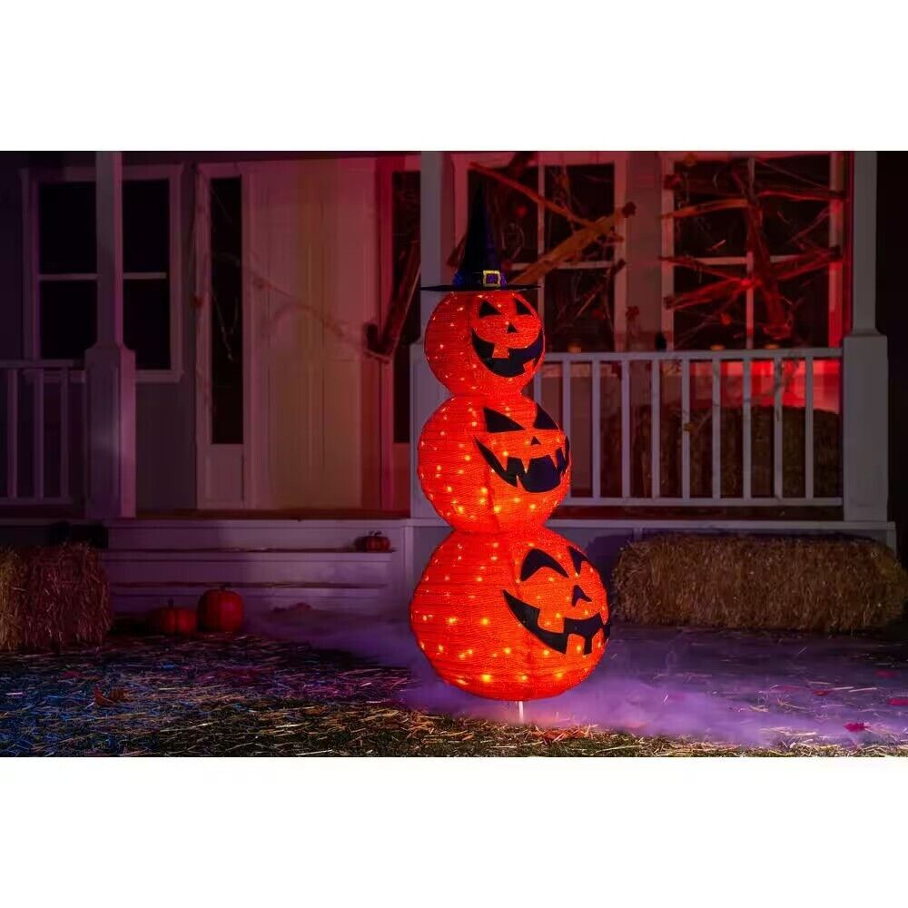 5 ft. Light Up LED Pumpkin Decoration Halloween Collapsible Tinsel Stacked 3-Head Warm Yard Lights for Pumpkin