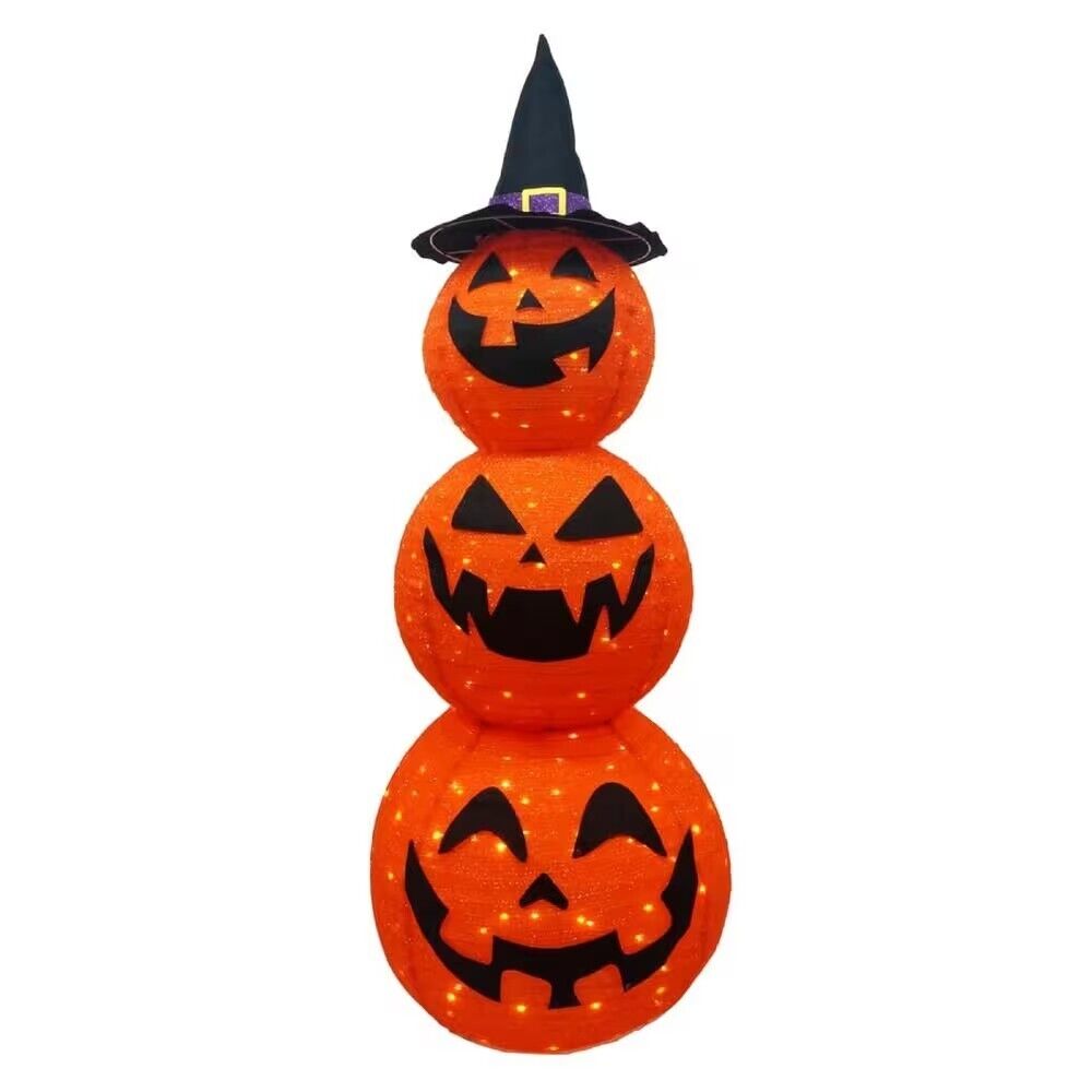 5 ft. Light Up LED Pumpkin Decoration Halloween Collapsible Tinsel Stacked 3-Head Warm Yard Lights for Pumpkin