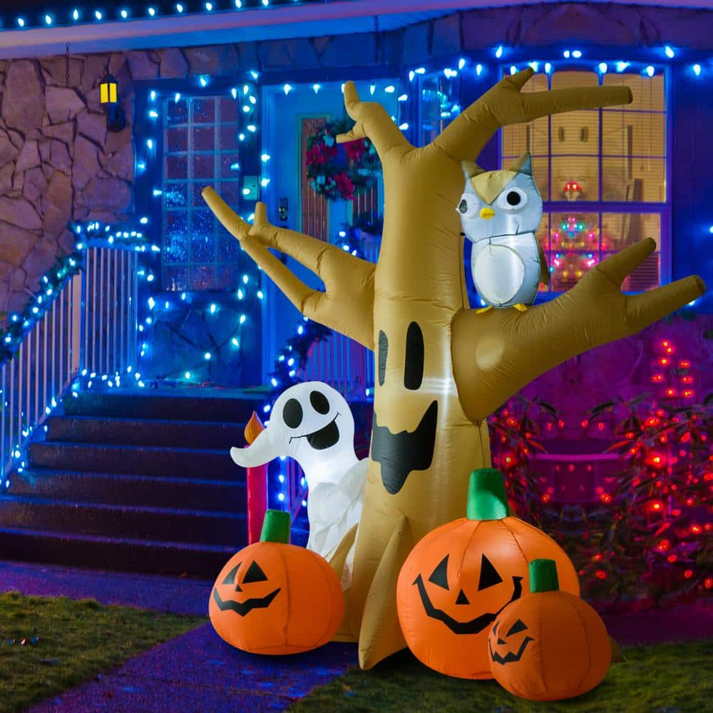 Outsunny 7.5 ft. LED Haunted Tree With Owl, Ghost, and Pumpkins Halloween Inflatable