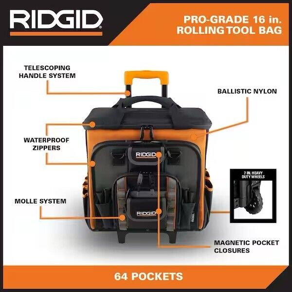 RIDGID 17 in. 64 Pocket Professional Grade Rolling Tool Bag