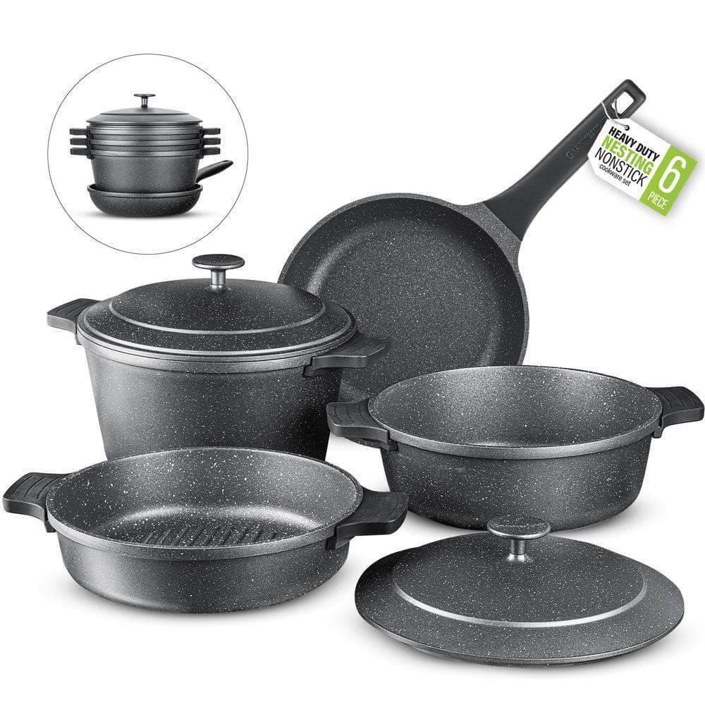 GRANITESTONE 6-Piece Cast Aluminum Heavy Duty Nesting Nonstick Cookware Set with Silicone Handle Covers