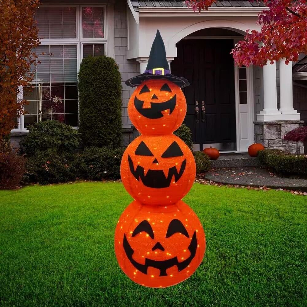 5 ft. Light Up LED Pumpkin Decoration Halloween Collapsible Tinsel Stacked 3-Head Warm Yard Lights for Pumpkin