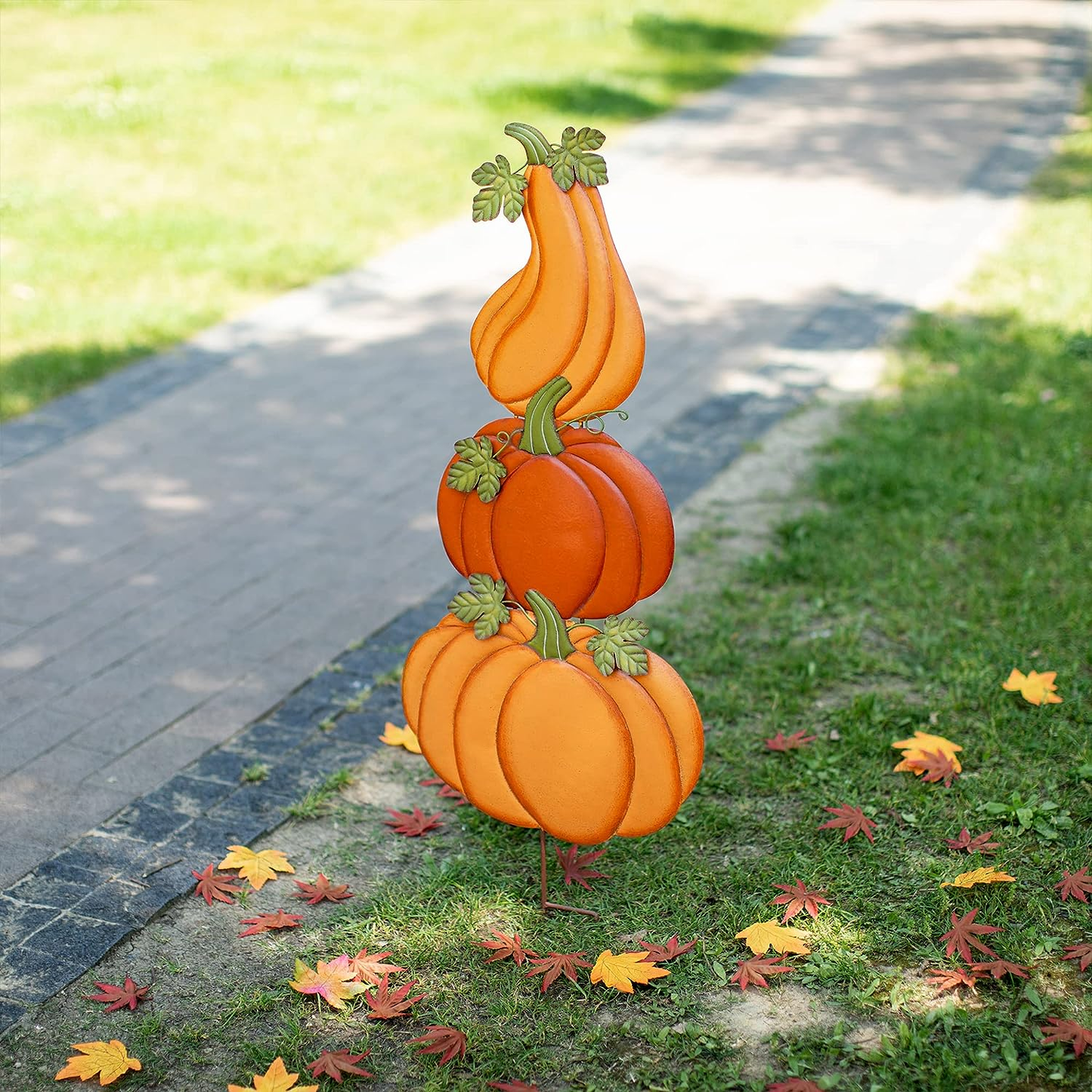 Glitzhome 42 in. H 3-in-1 Metal Pumpkin Yard Stake or Hanging Decor (KD, 2-Function)