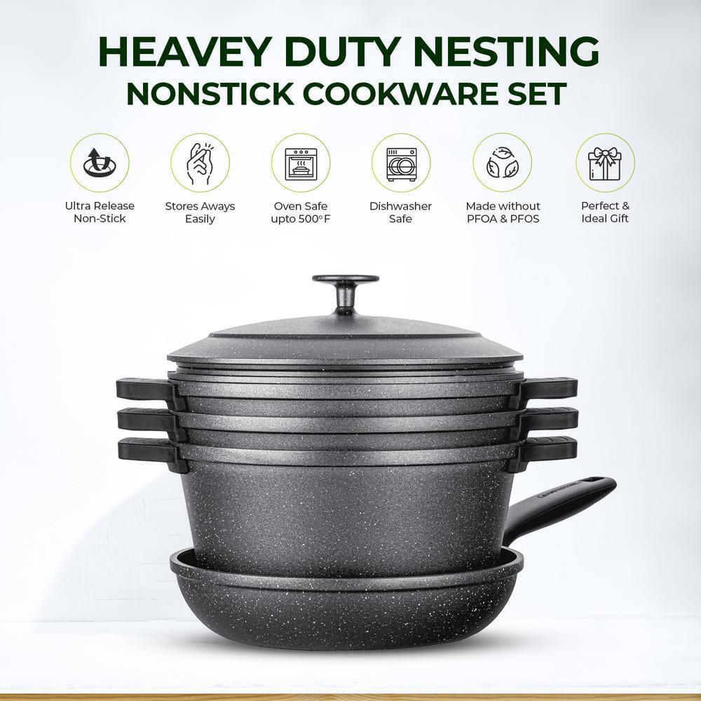 GRANITESTONE 6-Piece Cast Aluminum Heavy Duty Nesting Nonstick Cookware Set with Silicone Handle Covers