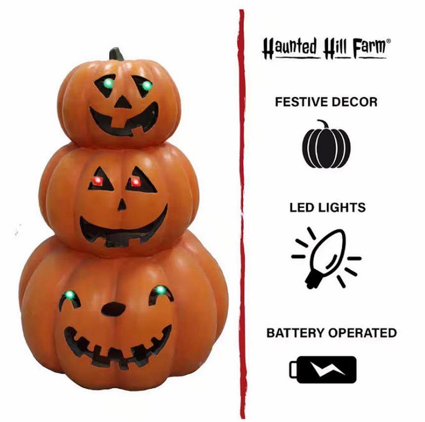 Haunted Hill Farm 20 in. 3-Stack Jack-O-Lantern Resin with LED Lights, Indoor or Covered Outdoor Halloween Decoration, Battery-Operated