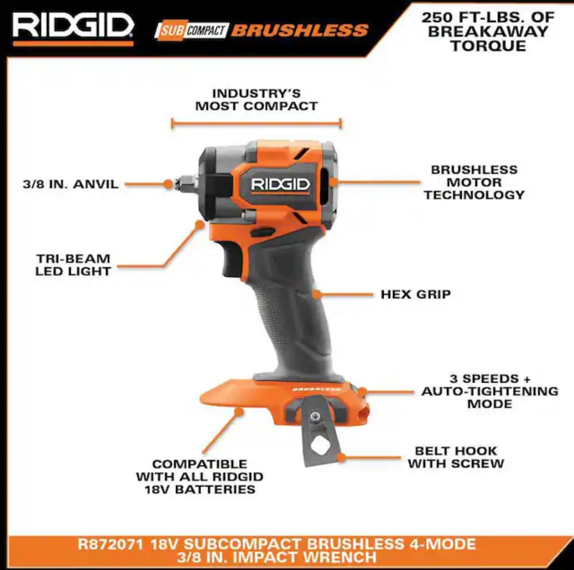 RIDGID 18V SubCompact Brushless Cordless 3/8 in. Impact Wrench (Tool Only)