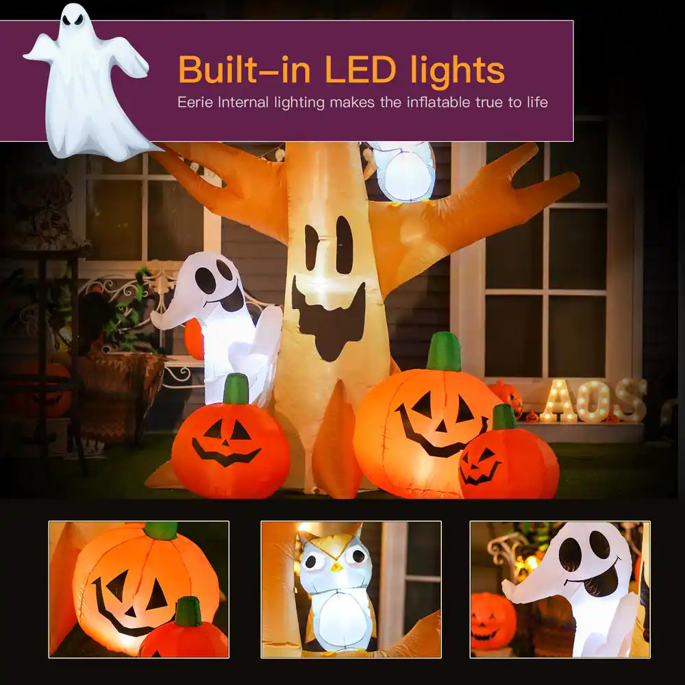 Outsunny 7.5 ft. LED Haunted Tree With Owl, Ghost, and Pumpkins Halloween Inflatable