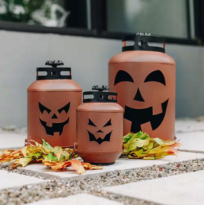 Bindle & Brass 14 in. Halloween Orange Pumpkin Lanterns - Replica Propane Lanterns (Set of 3)