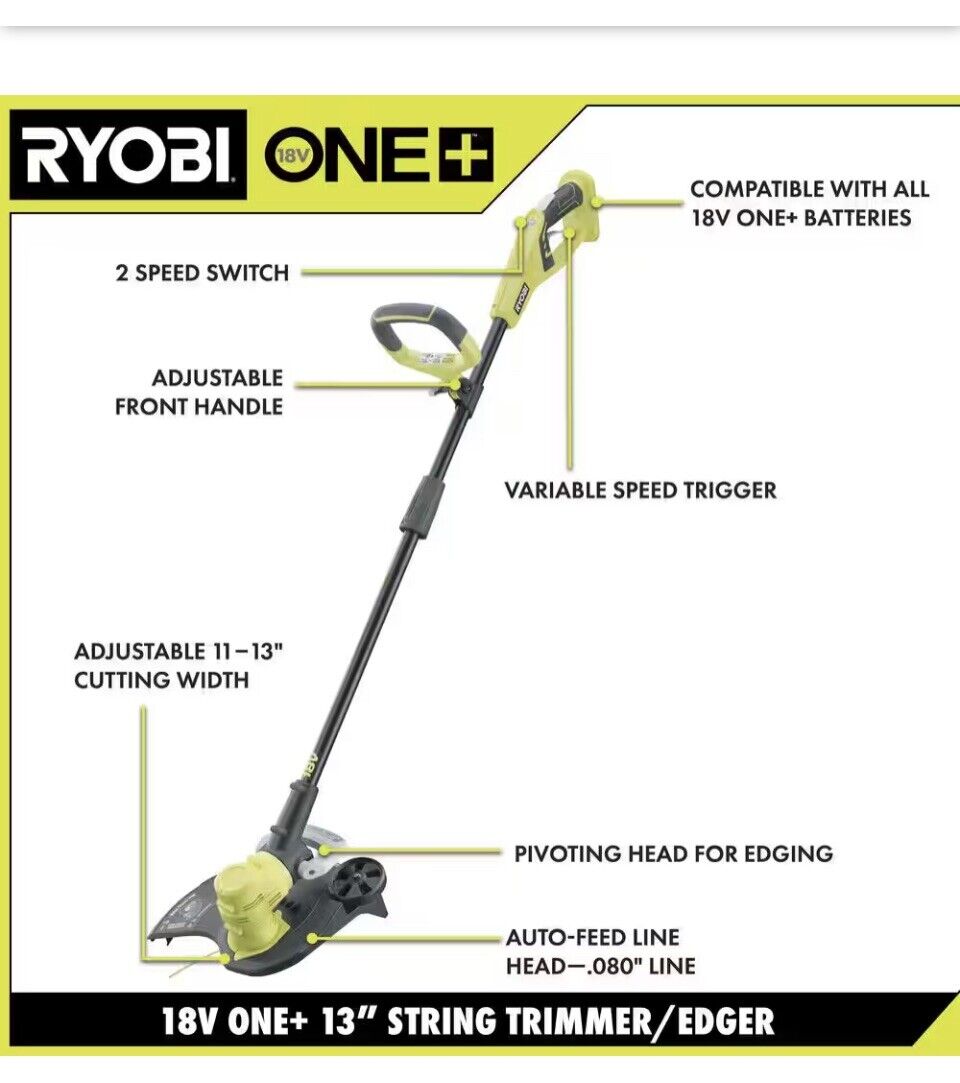 RYOBI ONE+ 18V 13 in. Cordless Battery String Trimmer/Edger with 4.0 Ah Battery and Charger