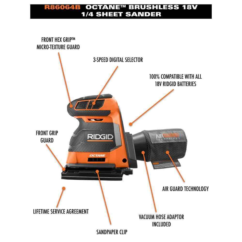 RIDGID 18V OCTANE Brushless Cordless 3-Speed 1/4 Sheet Sander