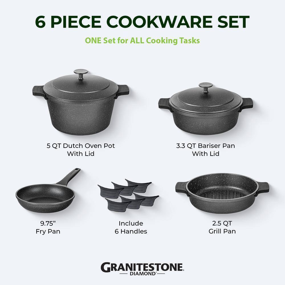 GRANITESTONE 6-Piece Cast Aluminum Heavy Duty Nesting Nonstick Cookware Set with Silicone Handle Covers