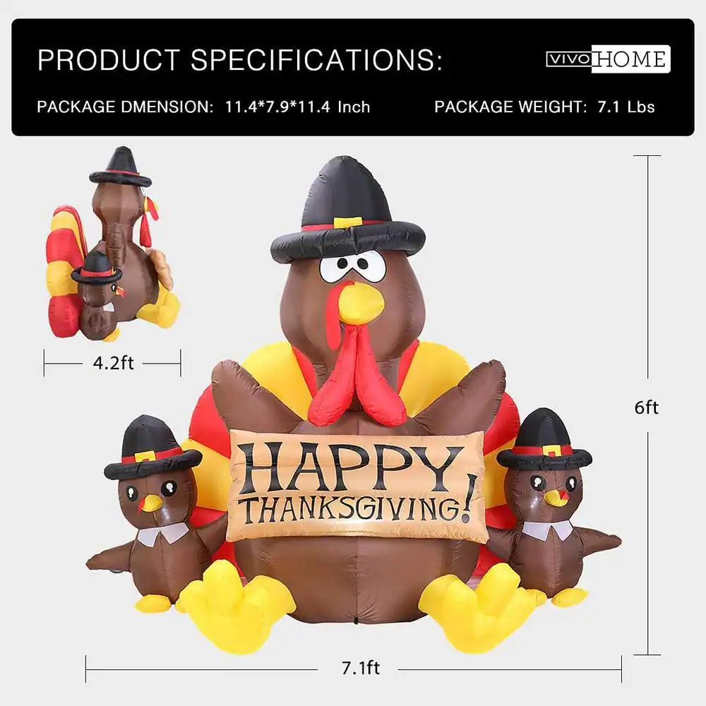 VIVOHOME Outdoor 6 ft. Height Happy Thanksgiving LED Lighted Inflatable Turkey Family