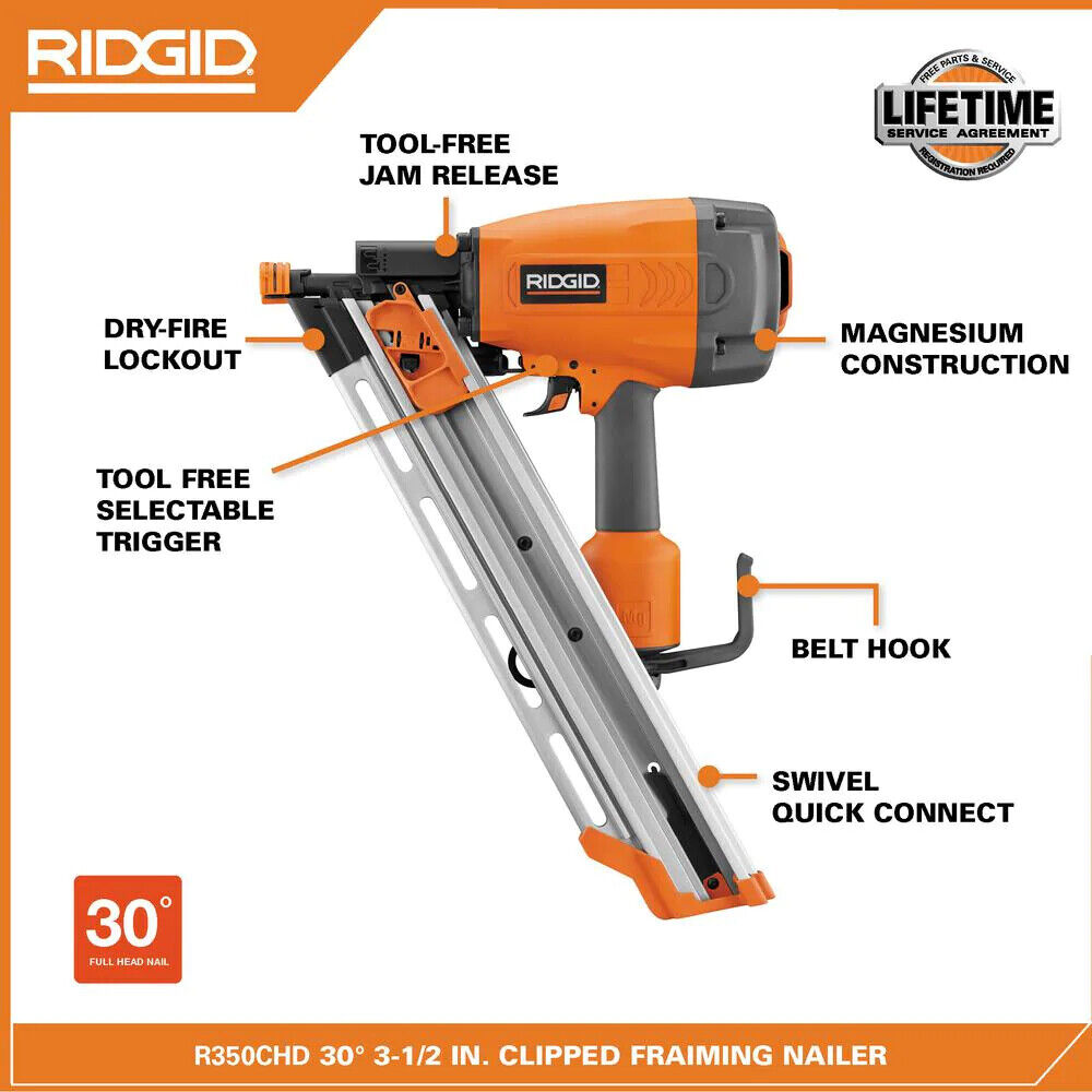 RIDGID Pneumatic 30 to 34-Degree 3-1/2 in. Clipped Head Framing Nailer