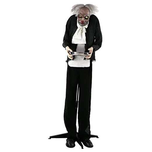 HAUNTED HILL FARM:Haunted Hill Farm 5 ft. Animatronic Moaning Butler Halloween Prop, Silver Candy Tray, Indoor/Covered Outdoors, Battery-Op, Rotates Head