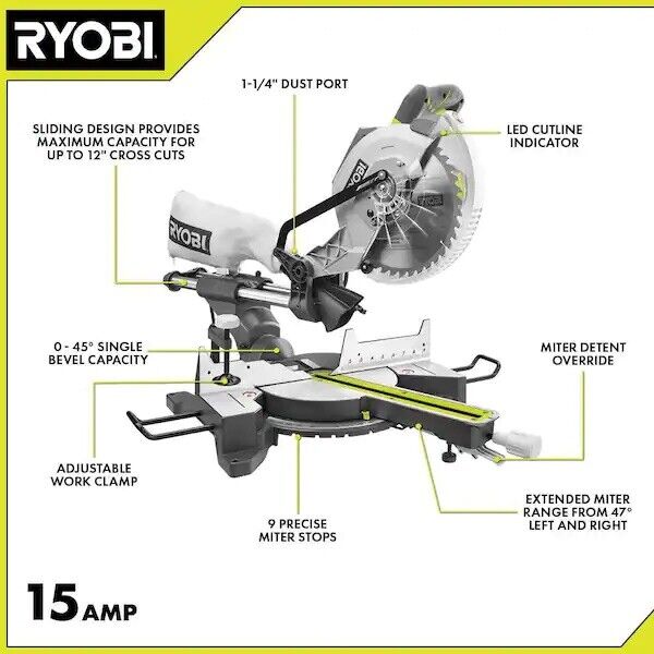 RYOBI 15 Amp 10 in. Corded Sliding Compound Miter Saw with LED Cutline Indicator