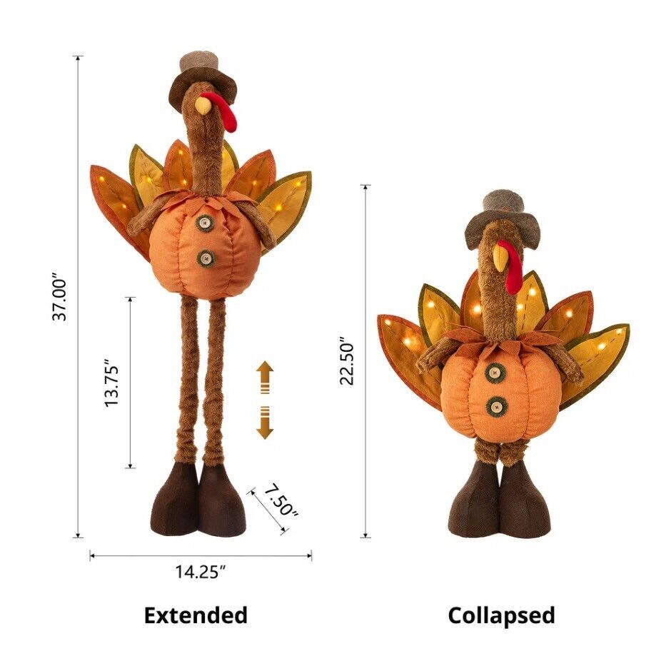 Glitzhome 37.00 in. H/24.00 in. H Fabric Turkey Standing Decor with Telescoping Legs