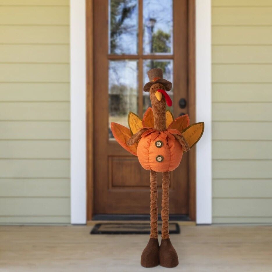 Glitzhome 37.00 in. H/24.00 in. H Fabric Turkey Standing Decor with Telescoping Legs