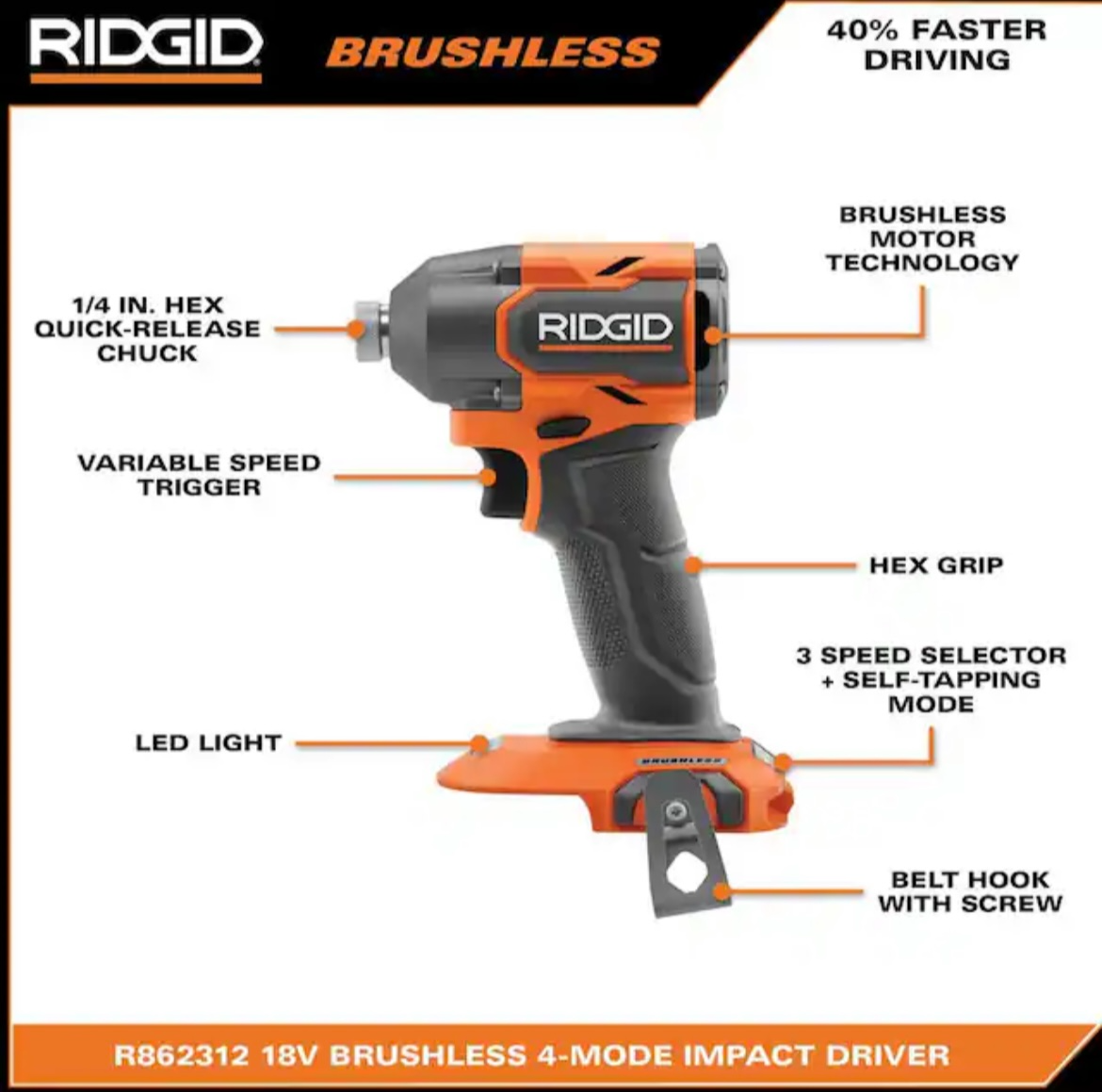 RIDGID 18V Brushless Cordless 4 Mode Impact Driver (Tool Only)