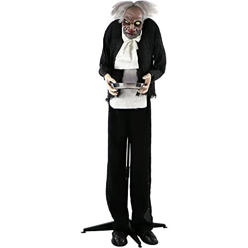 HAUNTED HILL FARM:Haunted Hill Farm 5 ft. Animatronic Moaning Butler Halloween Prop, Silver Candy Tray, Indoor/Covered Outdoors, Battery-Op, Rotates Head