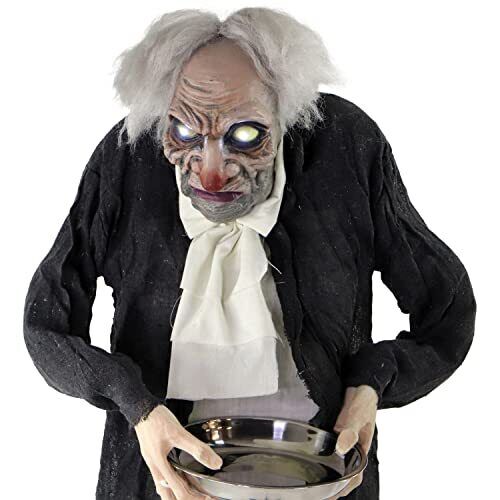 HAUNTED HILL FARM:Haunted Hill Farm 5 ft. Animatronic Moaning Butler Halloween Prop, Silver Candy Tray, Indoor/Covered Outdoors, Battery-Op, Rotates Head