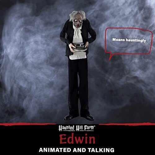 HAUNTED HILL FARM:Haunted Hill Farm 5 ft. Animatronic Moaning Butler Halloween Prop, Silver Candy Tray, Indoor/Covered Outdoors, Battery-Op, Rotates Head