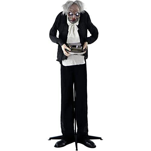 HAUNTED HILL FARM:Haunted Hill Farm 5 ft. Animatronic Moaning Butler Halloween Prop, Silver Candy Tray, Indoor/Covered Outdoors, Battery-Op, Rotates Head