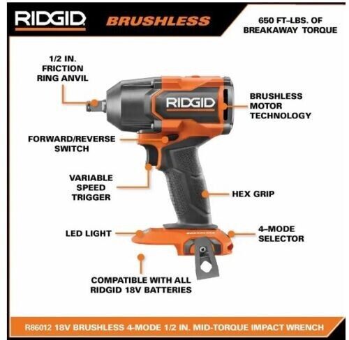 RIDGID 18V Brushless Cordless 4-Mode 1/2 in. Mid-Torque Impact Wrench with Friction Ring (Tool Only)