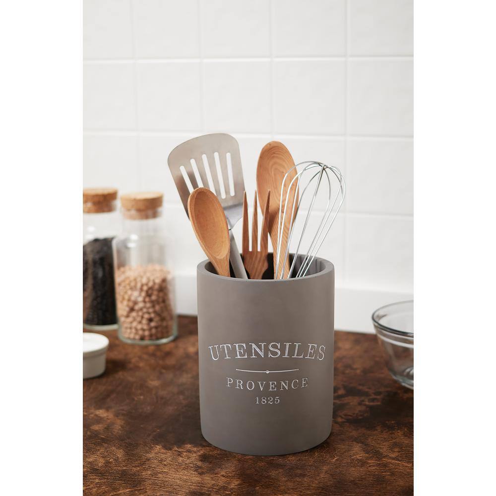 Fox Run 7 in. x 5 in. Slate Grey Round Cement Kitchen Utensil Holder