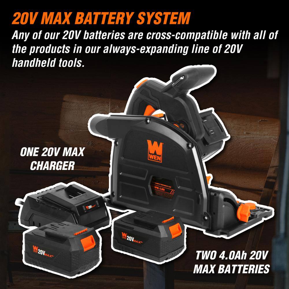 WEN 20-Volt Max 6.5 in. Cordless Brushless Plunge Cut Variable Speed Track Saw with Two 4.0 Ah Batteries and Charger