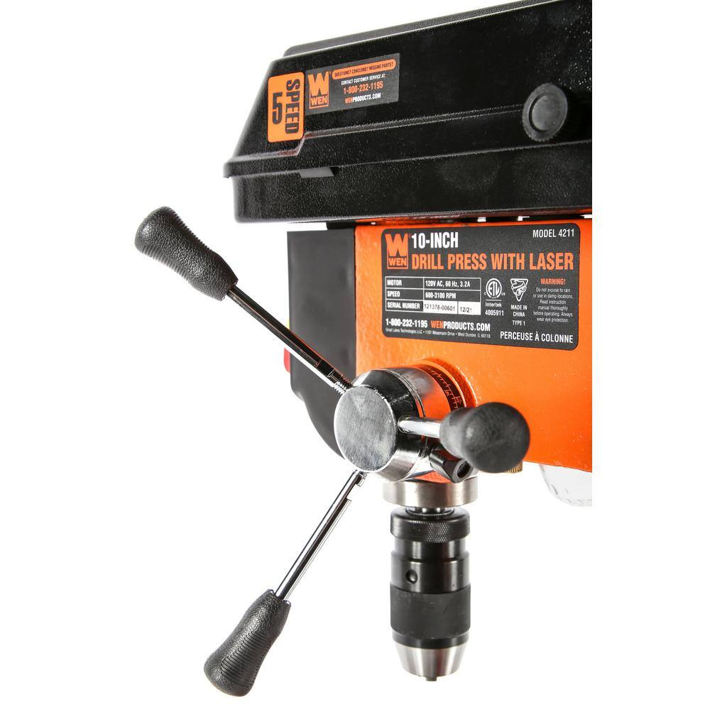 WEN 3.2 Amp 10 in. 5-Speed Cast Iron Benchtop Drill Press with Laser and 1/2 in. Keyless Chuck