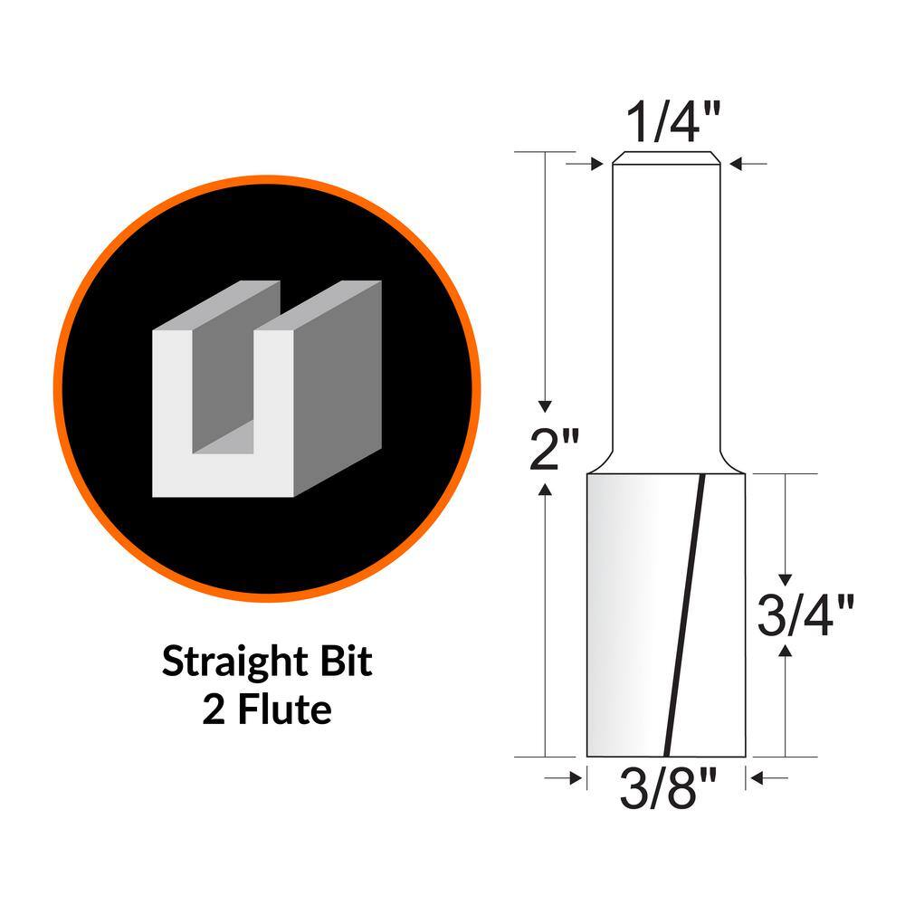 WEN 3/8 in. Straight 2-Flute Carbide-Tipped Router Bit with 1/4 in. Shank