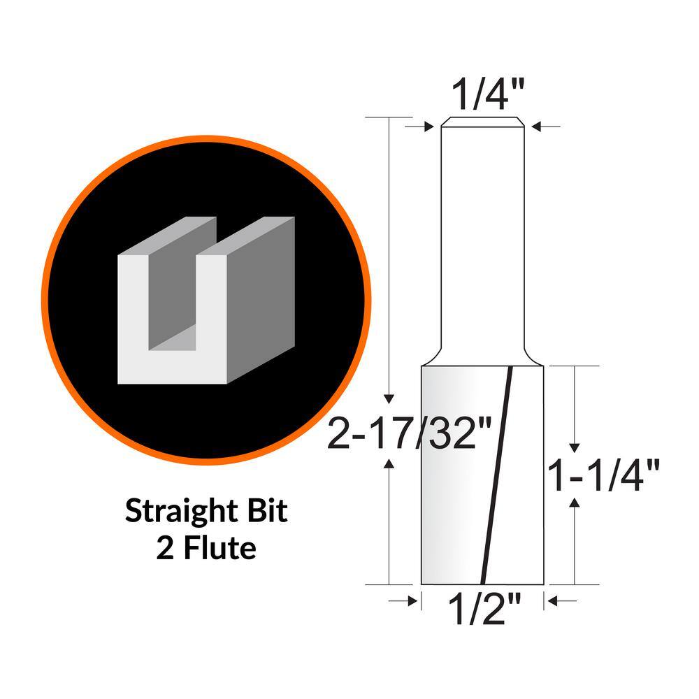 WEN 1/2 in. Straight 2-Flute Carbide Tipped Router Bit with 1/4 in. Shank and 1-1/4 in. Cutting Length