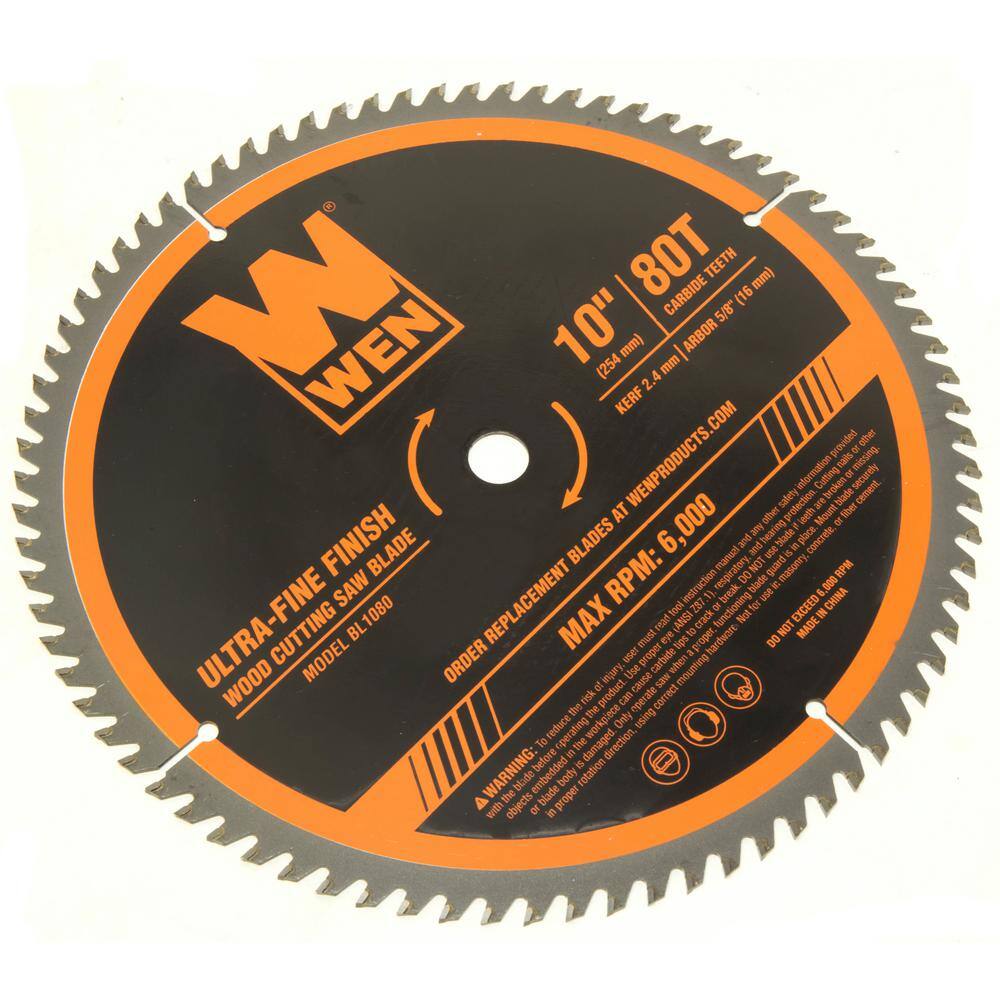 WEN 10 in. 80-Tooth Carbide-Tipped Ultra-Fine Finish Professional Woodworking Saw Blade for Miter Saws and Table Saws