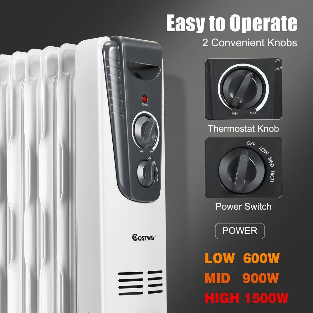 Costway 1500-Watt Gray Electric Oil Filled Radiator Space Heater 5.7 Fin Thermostat Room Radiant