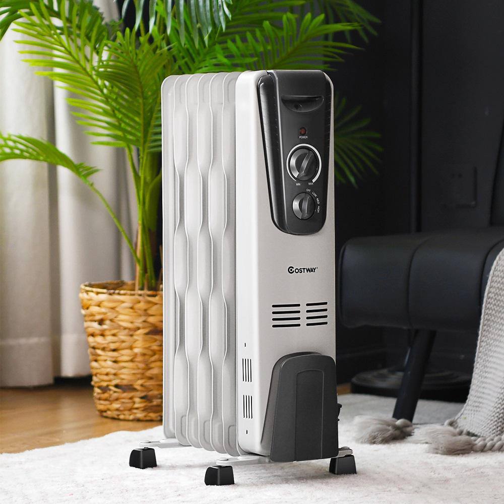 Costway 1500-Watt Gray Electric Oil Filled Radiator Space Heater 5.7 Fin Thermostat Room Radiant